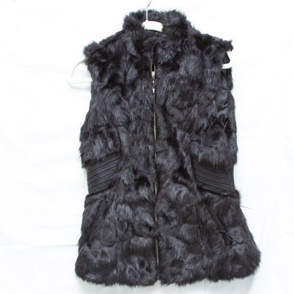 Burning Man Women Size L Black Faux Fur Leather Side Vegan Full Zip Vest Size L